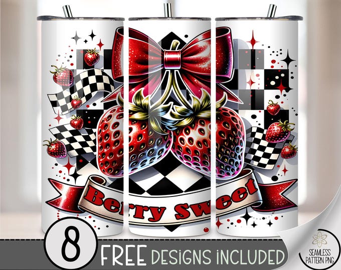 Berry Sweet Strawberry Tumbler Wrap PNG, 20 oz Racing Flag Sublimation Design, Red Bow Retro Checkered Cute Fruit Printable PNG, A319