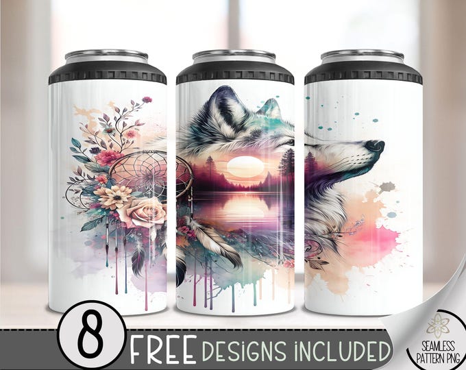 Boho Wolf Floral 4in1 Can Cooler Wrap, Watercolor Sunset Lake 4 in 1 Tumbler PNG, Seamless Ethereal 16 Oz Can Cooler Sublimation Design