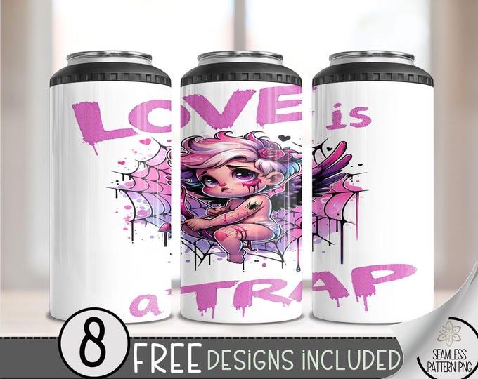 Anti Valentine 4 in 1 Can Cooler Wrap, Anti Valentine's Day 4in1 Tumbler PNG, Love Is A Trap 16 Oz Can Cooler Sublimation Design