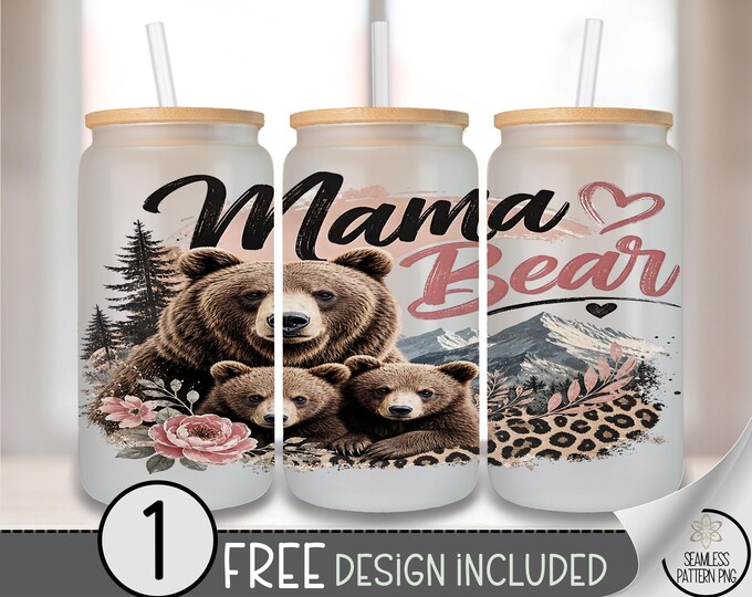 Mama Bear Glass Can Wrap, Cubs Mountain 16oz Tumbler Sublimation Design, PNG, Digital Download, B10517