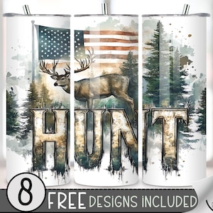 American Hunt Tumbler Wrap, Deer Hunter 20oz Skinny Tumbler Sublimation Design, Buck Tumbler Wrap File PNG Seamless Watercolor Patriotic