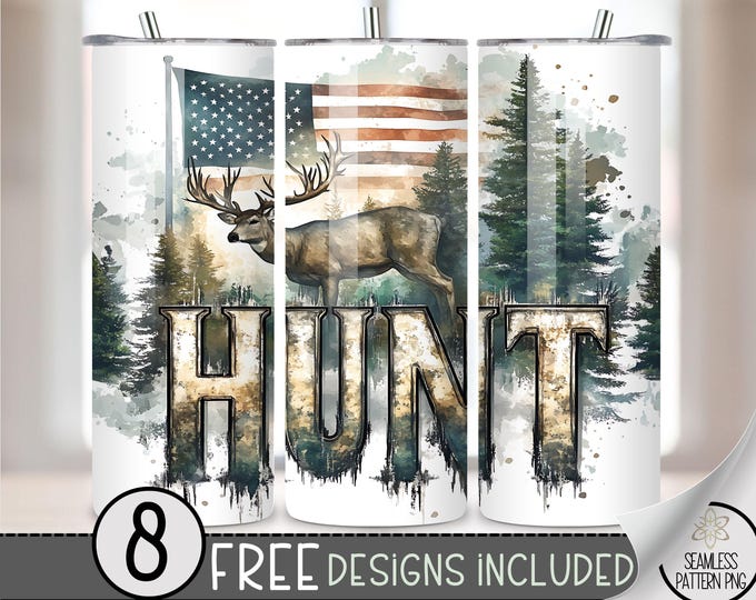 American Hunt Tumbler Wrap, Deer Hunter 20oz Skinny Tumbler Sublimation Design, Buck Tumbler Wrap File PNG Seamless Watercolor Patriotic