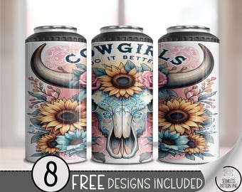 Rustic Cowgirl Skull Printable Can Cooler Wrap, Vintage Western Floral Wrap, 4in1 Sunflower Cowgirl Sublimation Design, A451