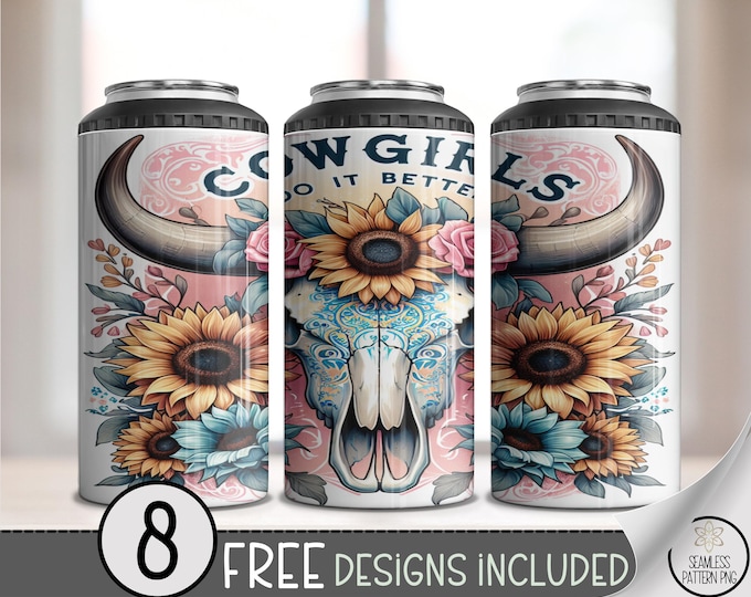 Rustic Cowgirl Skull Printable Can Cooler Wrap, Vintage Western Floral Wrap, 4in1 Sunflower Cowgirl Sublimation Design, A451