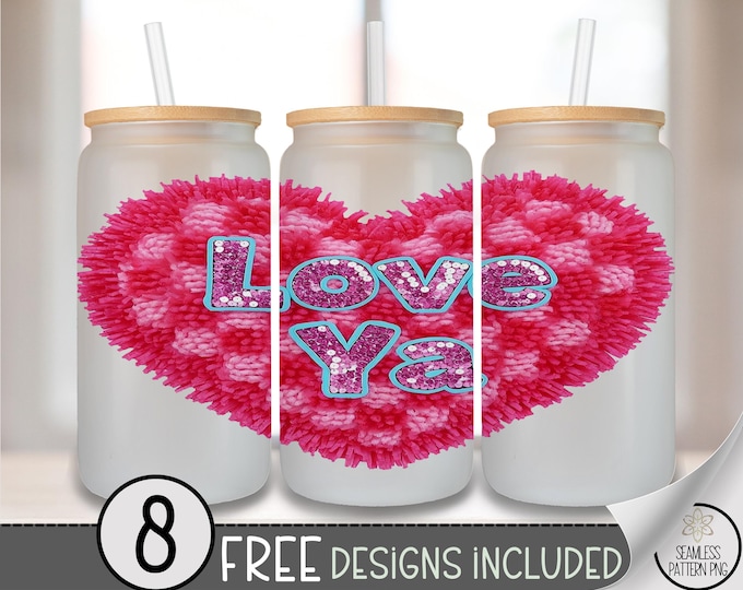 Valentine Heart Glass Can Wrap, Retro Checkered 16oz Glass Tumbler Sublimation Design, Faux Latch Hook Love Ya PNG File, B755
