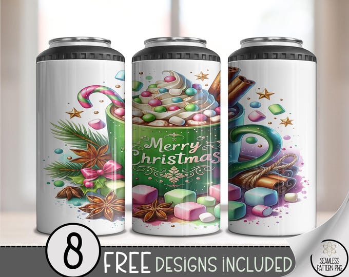 Holiday Can Cooler Wrap, Festive Christmas Sublimation Design, Merry Christmas Can Wrap, 4 in 1 Drink Sleeve, Set of 9 Designs A462