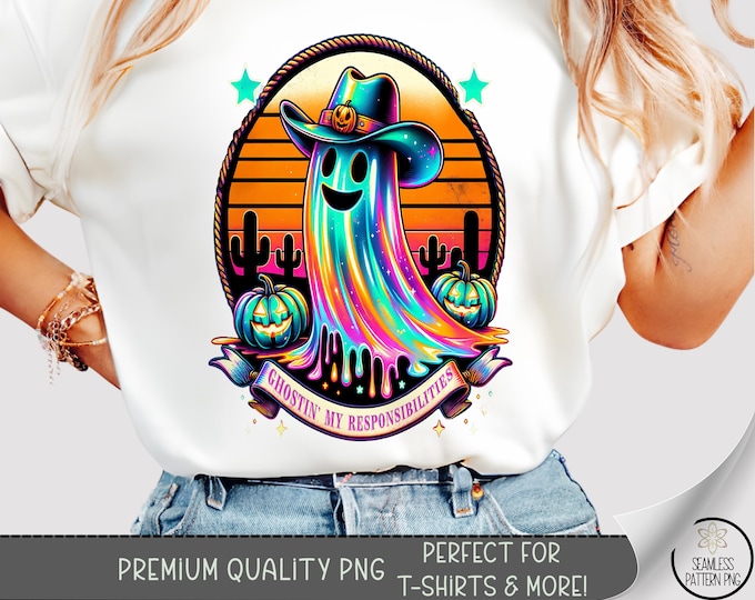 Halloween Ghost T-shirt PNG, Cowboy Hat Sublimation Design, Spooky DTF Shirt Graphic, Neon TShirt File, Digital Download, B10297