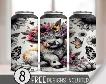 Leopard Highland Cow 4in1 Can Cooler Wrap, Leopard Sunflower 4 in 1 Tumbler PNG, Black & White Cow 16 Oz Can Cooler Sublimation Design, A211
