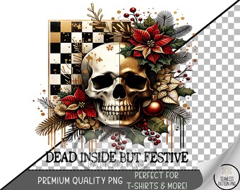 Festive Skull Sublimation Design, Christmas UV DTF Graphic, Dark Holiday Clip Art, Checkered Pattern Digital Download Printable A477