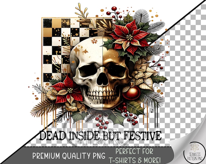 Festive Skull Sublimation Design, Christmas UV DTF Graphic, Dark Holiday Clip Art, Checkered Pattern Digital Download Printable A477