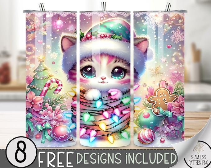 Christmas Cat Tumbler Wrap, Winter Sublimation Design, Xmas 20 Oz Skinny, Cute Christmas Tumbler Wrap Png, Pastel Christmas PNG Tumbler