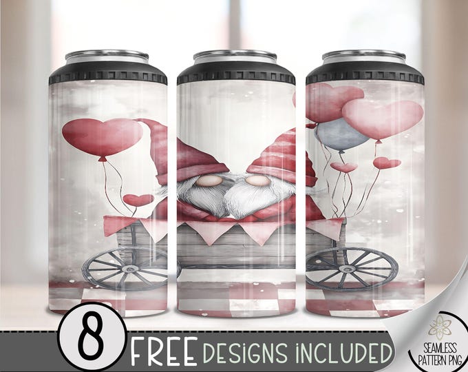 Valentine Gnomes 4 in 1 Can Cooler Wrap, Friends Vday 4in1 Tumbler PNG, VintageWagon 16 Oz Can Cooler Sublimation Design,Gnome Hard Can PNG