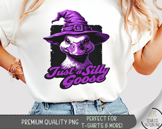 Purple Witch Goose T-Shirt Design, Fun Halloween Printable, Silly Goose with Witch Hat, Fall Party Shirt Graphic, Sublimation PNG A427