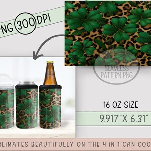 St Patrick's Day PNG, Lucky Clover Sublimation Design For 4-in-1 Can Cooler Wrap, Seamless Leopard Print File, B873 image 4