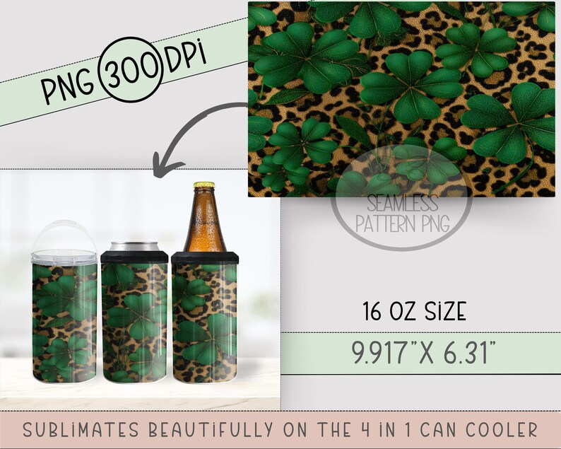 St Patrick's Day PNG, Lucky Clover Sublimation Design For 4-in-1 Can Cooler Wrap, Seamless Leopard Print File, B873 image 4