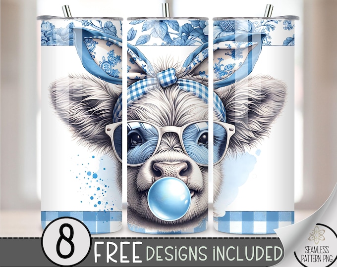 Retro Vintage Glasses Highland Cow Tumbler Wrap, Toile 20oz Skinny Tumbler Sublimation Design, Chinoiserie Tumbler Wrap File PNG, A117