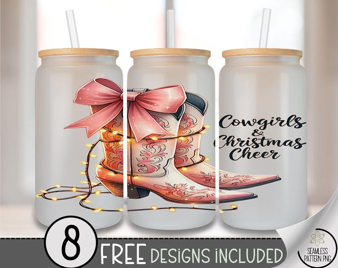 Cowgirl Boots Glass Can Wrap PNG, Trendy Floral Holiday, Western Christmas, Digital Download for Sublimation, A539
