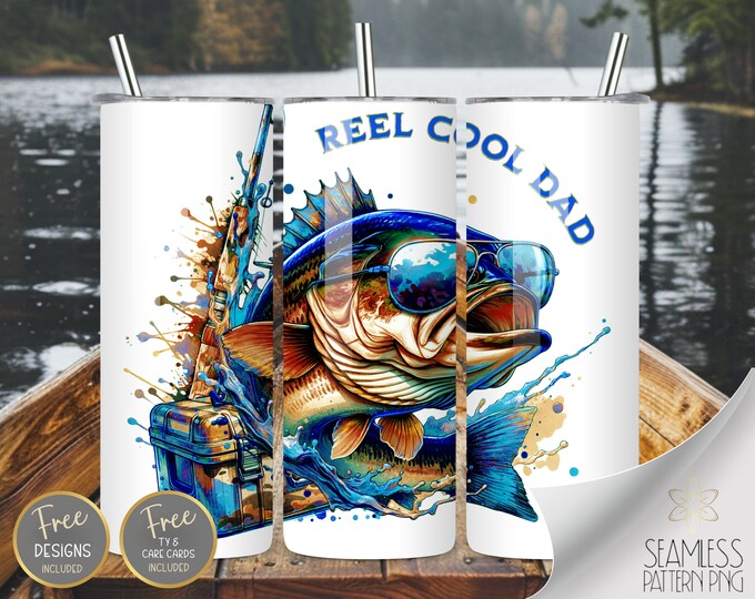 Reel Cool Dad PNG 20 oz Straight Tumbler Wrap Sublimation, Blue Skinny Tumbler Design Files, Bass Fish Camo Image Instant Download