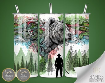 Grizzly Bear Zentangle PNG Tumbler Wrap, 20 Oz Skinny Sublimation Tumbler Design, Watercolor Bear Seamless Design, Hunting Instant Download
