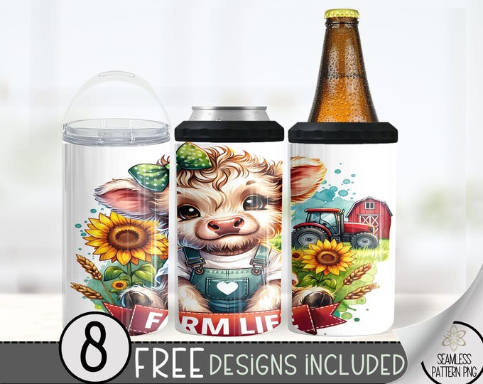 Farm Life 4 In 1 Can Cooler Tumbler Wrap, Highland Cow Sublimation Design, Cute Farm 16 Oz Slim,Farm Animal 16 Oz Can Cooler Sublimation PNG