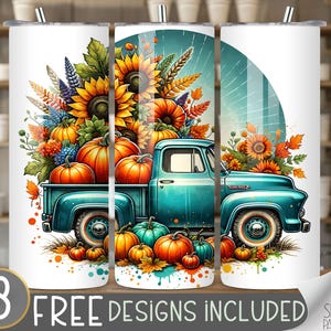 Vintage truck tumbler wrap, sunflower tumbler design, farm 20 oz tumbler wrap, fall truck tumbler PNG, pumpkin truck tumbler file, autumn