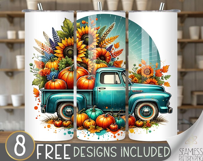 Vintage truck tumbler wrap, sunflower tumbler design, farm 20 oz tumbler wrap, fall truck tumbler PNG, pumpkin truck tumbler file, autumn