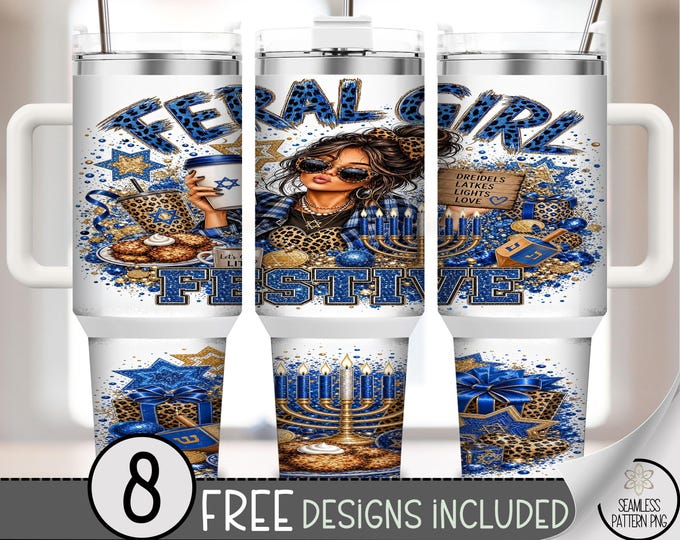 Hanukkah 40 oz Tumbler Wrap, Feral Girl Festive Sublimation Design , Digital Download, B10443