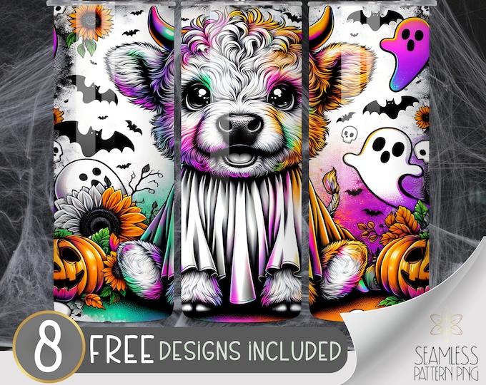 Cute Highland Cow Tumbler Sublimation Design, Halloween Highland Cow Design, Cute Ghost 20Oz Skinny Tumbler Wrap PNG, Instant Download