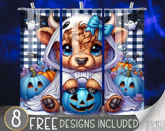 Ghost Highland Cow Tumbler Sublimation Design, Halloween Highland Cow Design, Blue Cow 20Oz Skinny Tumbler Wrap PNG, Instant Download