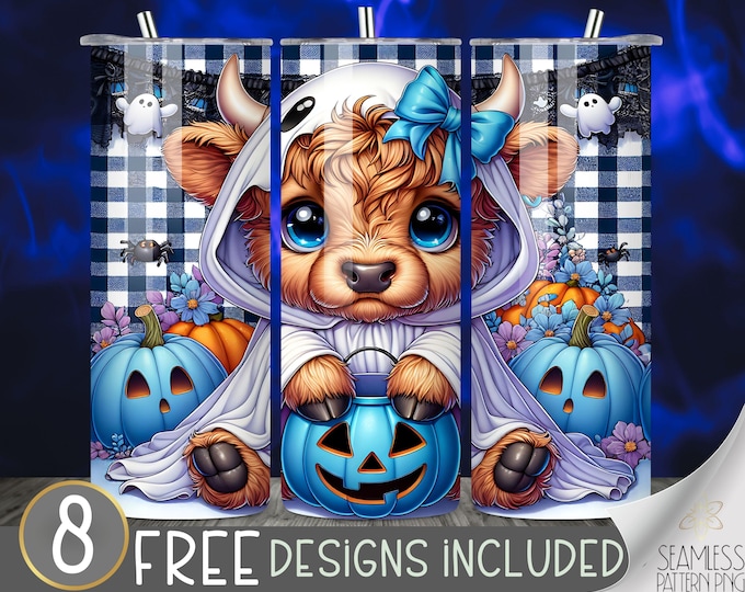 Ghost Highland Cow Tumbler Sublimation Design, Halloween Highland Cow Design, Blue Cow 20Oz Skinny Tumbler Wrap PNG, Instant Download