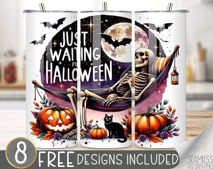 Just Waiting for Halloween Tumbler Wrap, Skeleton Hammock Design, Spooky Pumpkin Cat Moon 20oz Sublimation PNG, Halloween Sublimation File