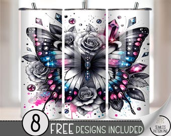 Galaxy Butterfly Tumbler Wrap PNG, 20oz Skinny Sublimation Wrap with Jewels and Black Roses, Feminine Cosmic Butterfly Design, A324