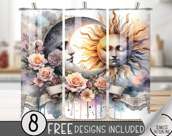 Envoltura para vaso Sol y Luna, diseño de sublimación para vaso delgado Sol y Luna Boho de 20 oz, envoltura celestial PNG, archivo PNG descarga instantánea