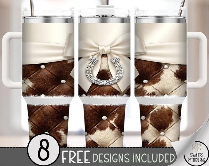 Cowgirl PNG, Western Cowhide 40 Oz Tumbler Wrap Rustic Glam Design Cream Satin Bow, Sparkle Horseshoe, B974