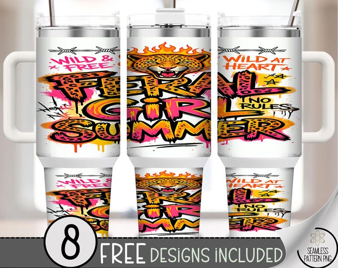 Feral Girl Summer 40 oz Tumbler Wrap, Leopard Sublimation Design, Graffiti PNG File, B10192