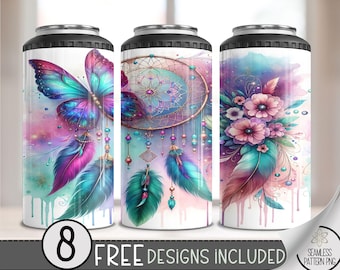 Boho Dreamcatcher Butterfly Floral 4in1 Can Cooler Wrap, Floral 4 in 1 Tumbler PNG, Seamless Ethereal 16 Oz Can Cooler Sublimation Design