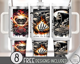Gothic Skull and Flame 40 oz Tumbler Wrap, Dark Sublimation Design, Edgy Digital Art for Halloween, Punk Style, Commercial Use A425