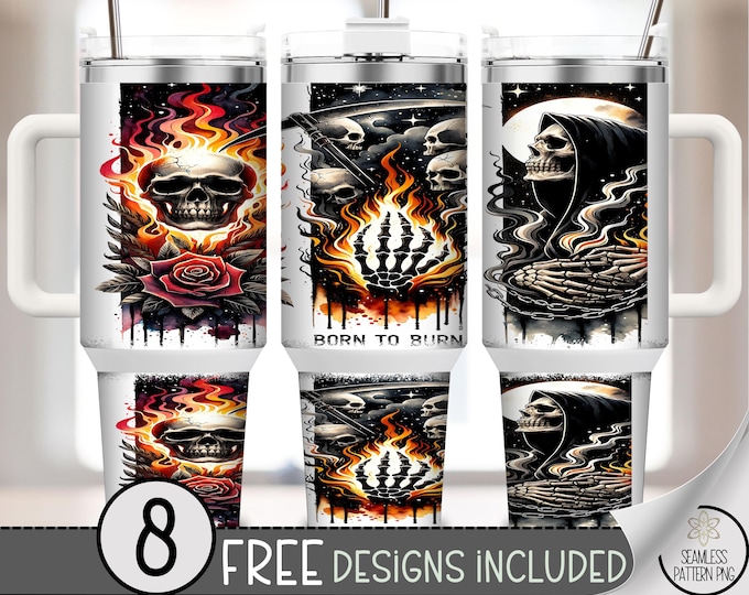 Gothic Skull and Flame 40 oz Tumbler Wrap, Dark Sublimation Design, Edgy Digital Art for Halloween, Punk Style, Commercial Use A425