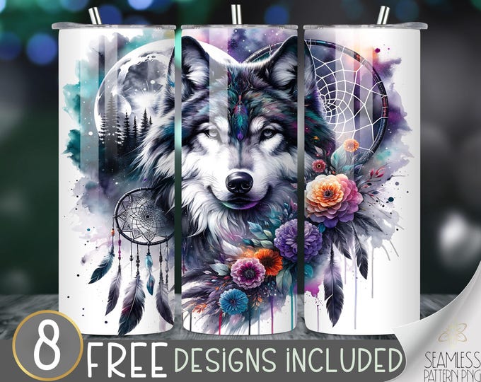 Floral Wolf Tumbler Wrap, Dreamcatcher Tumbler Wrap Mystical 20 oz Skinny Sublimation Watercolor Sublimation Boho Moon Dream Tumbler Wrap