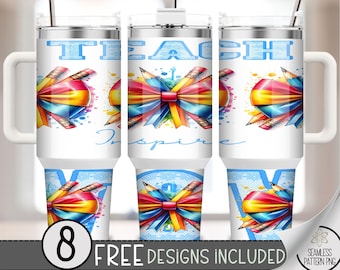 Teach Inspire Wow 40oz Tumbler Wrap Sublimation Design, Teacher Tumbler Wrap, Grand Millennial Coquette Bow 40oz Quencher Tumbler PNG, A74