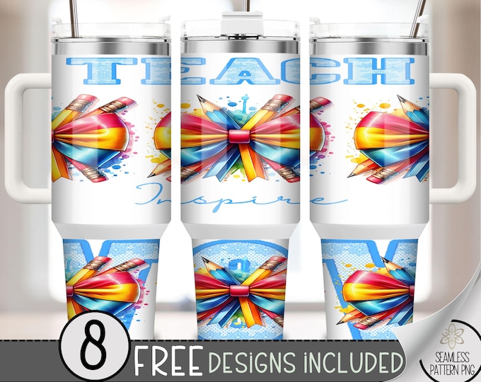 Teach Inspire Wow 40oz Tumbler Wrap Sublimation Design, Teacher Tumbler Wrap, Grand Millennial Coquette Bow 40oz Quencher Tumbler PNG, A74