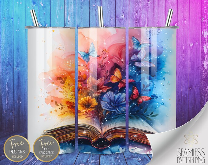 Magical Read 20 oz Straight Tumbler Wrap Sublimation, Open Book Skinny Tumbler Ethereal Book Design Files, Butterflies Instant Download