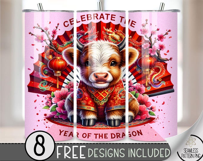 Lunar New Year Tumbler Wrap, Highland Cow 20oz Skinny Tumbler Sublimation Design,Year of Dragon Tumbler Wrap File PNG,Seamless Glittery File