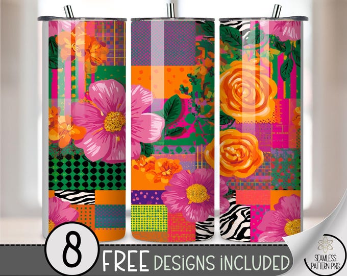 Spring Flowers 20 oz Tumbler Wrap, Bright Sublimation Design for Straight Tumblers, Retro-Pop Floral PNG Files, Cheerful Boho Pattern B10047