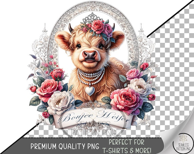 Boujee Heifer Sublimation PNG, Instant Digital Download, Cute Highland Cow, Preppy UV DTF Design, A750
