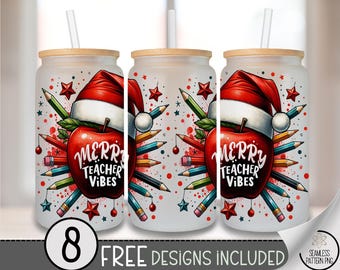 Teacher Glass Can Wrap, UV Decal for Xmas Teaching, Happy Teacher Appreciation Sublimation Design, Digital Download, Christmas Sticker, A453
