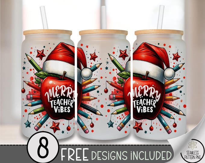 Teacher Glass Can Wrap, UV Decal for Xmas Teaching, Happy Teacher Appreciation Sublimation Design, Digital Download, Christmas Sticker, A453