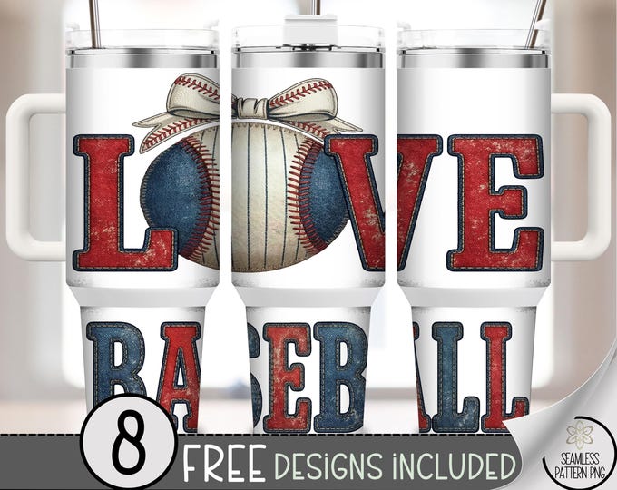 Baseball LOVE 40 oz Tumbler Wrap, Rustic Sporty Sublimation Design, Vintage Farmhouse PNG Files, Red & Navy 40oz Tumbler Design, B10186