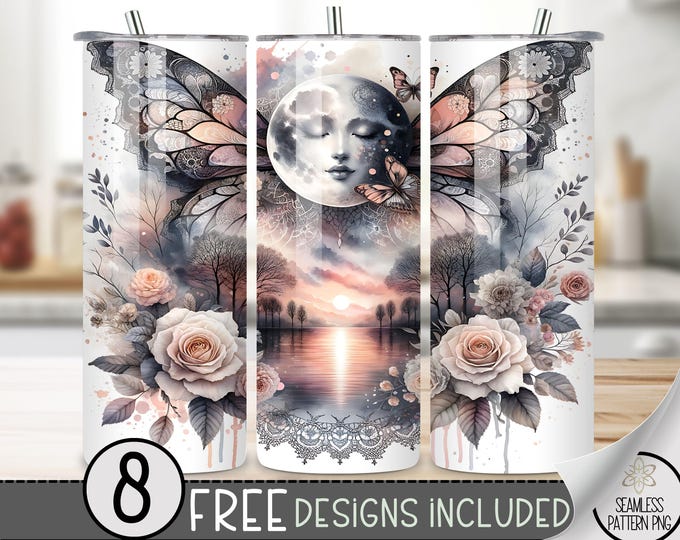 Boho Moon Tumbler Wrap, Moon Lace 20 Oz Skinny Tumbler Sublimation Design, Celestial Png Tumbler Wrap,Floral Butterfly File Instant Download