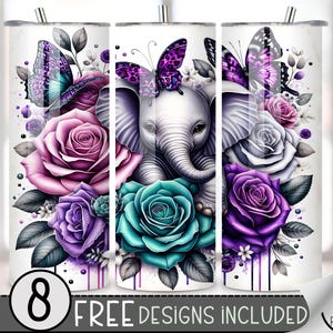 Elephant Tumbler Wrap, Jungle 20oz Skinny Tumbler Sublimation Design,Floral Butterfly Tumbler Wrap,Purple Flower PNG,Cute Elephant PNG, A187